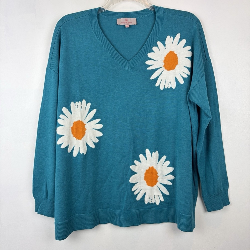Laurie Felt Sweater 1X Cashmere Blend Daisy Print Blue Artsy Art to wear Cottage